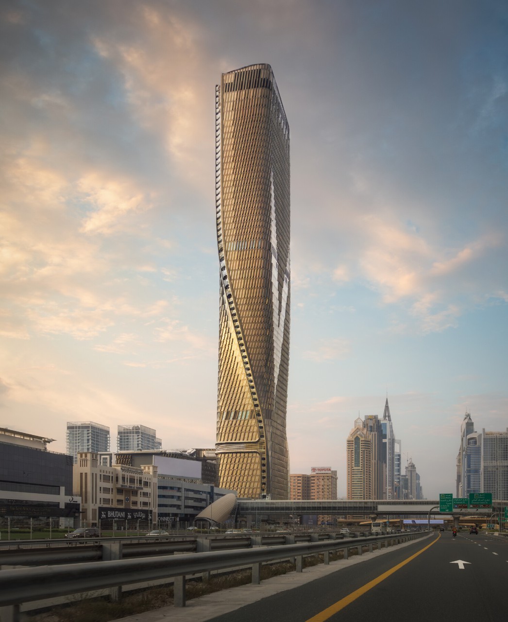 A new kind of high-rise for Dubai!UNS, in partnership with Werner Sobek, has been commissioned by the wasl Development Group to create a new type of high-rise for the city of Dubai, which will serve as a standard for both the region and the wasl Development Group itself.The skyscraper features a twisting design with fins that allow it to ‘face every direction,’ incorporating shading and cooling techniques to minimize heat gain during the summer months. These shading fins also incorporate dynamic lighting that interacts with the city's activities at night. The Guardian glass solution for the tower facades utilizes advanced solar and low-e technology to provide natural light transmission, solar control, and thermal insulation. This innovation could lessen the dependence on artificial lighting, contributing to a more serene and enjoyable living environment. It is centered on distinguishing the Al Wasl tower’s façades with a vibrant bronze hue while fulfilling the highest thermal standards. Our glass solution also ensures low internal and external reflections, along with a high color rendering index “CRI” for clearer views and an impressive exterior appearance.