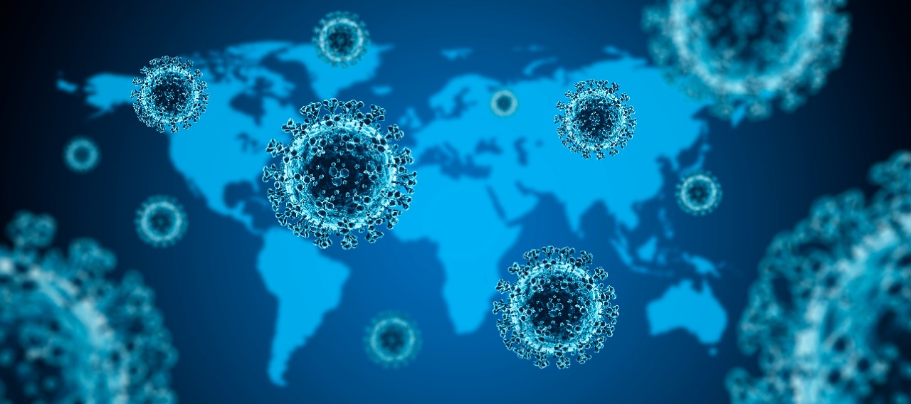 Coronavirus with blue World Map Background - 3D illustration