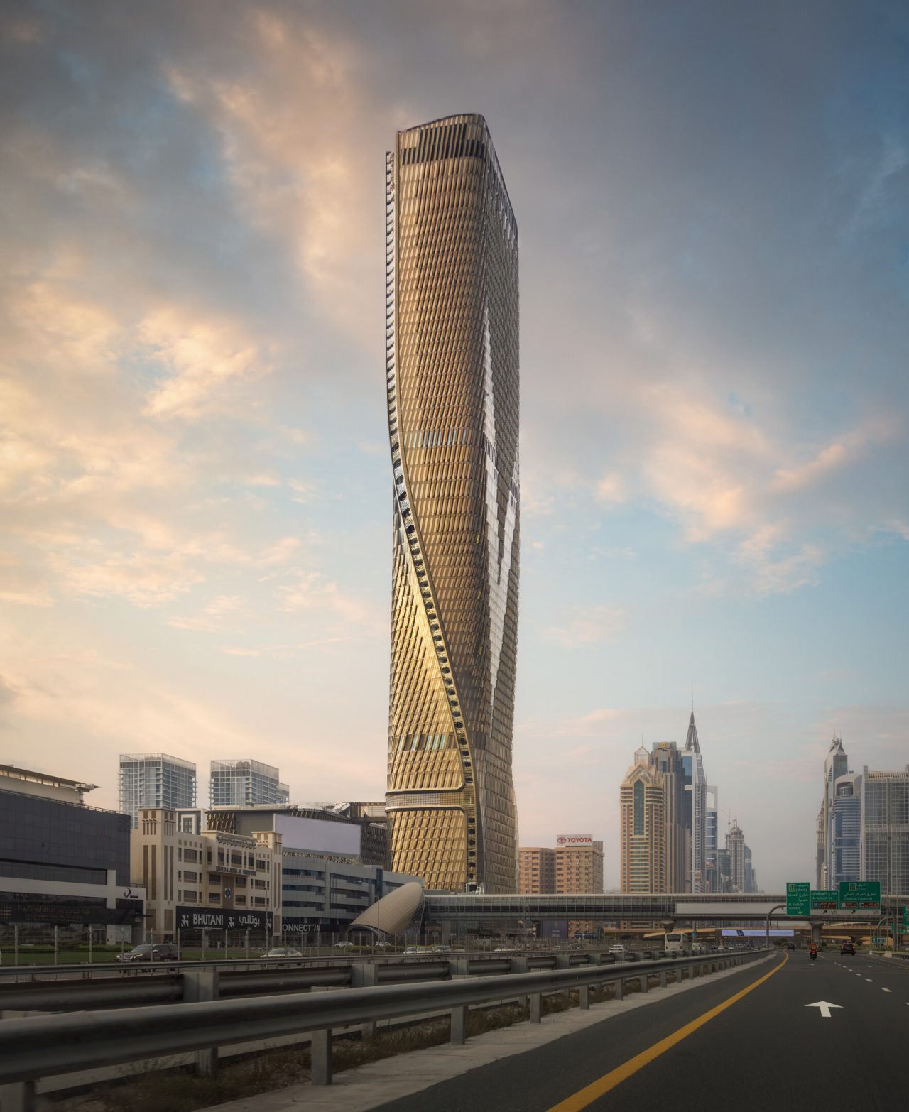 A new kind of high-rise for Dubai!UNS, in partnership with Werner Sobek, has been commissioned by the wasl Development Group to create a new type of high-rise for the city of Dubai, which will serve as a standard for both the region and the wasl Development Group itself.The skyscraper features a twisting design with fins that allow it to ‘face every direction,’ incorporating shading and cooling techniques to minimize heat gain during the summer months. These shading fins also incorporate dynamic lighting that interacts with the city's activities at night. The Guardian glass solution for the tower facades utilizes advanced solar and low-e technology to provide natural light transmission, solar control, and thermal insulation. This innovation could lessen the dependence on artificial lighting, contributing to a more serene and enjoyable living environment. It is centered on distinguishing the Al Wasl tower’s façades with a vibrant bronze hue while fulfilling the highest thermal standards. Our glass solution also ensures low internal and external reflections, along with a high color rendering index “CRI” for clearer views and an impressive exterior appearance.