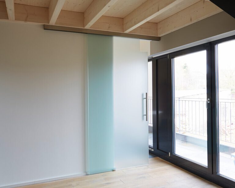 satinated acid-etched glass door