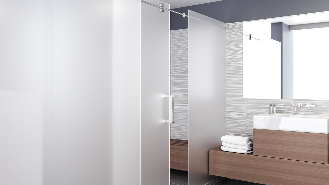 **Sliding Acid Etched Frosted Glass Shower Door with Handle in Modern Bathroom** **Sliding Acid Etched Frosted Glass Shower Door with Handle in Modern Bathroom**